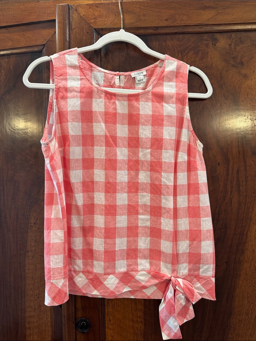 J. Crew Coral and White Gingham Tie-Hem Tank Top